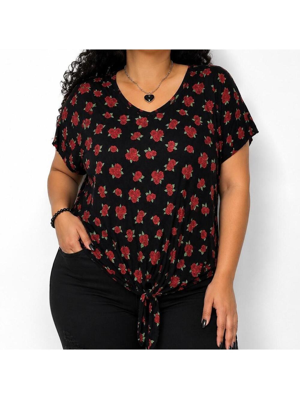 Romantic Grunge Soft Goth Rose Print Tie Front Top | Attitude Included 1X